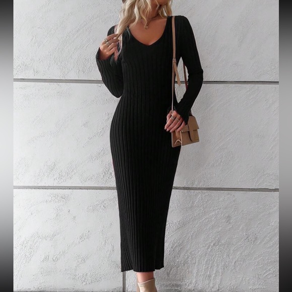 Classic Ribbed Knit Fitted V Neck Long Sleeve Dress Burgundy - Picture 5 of 16